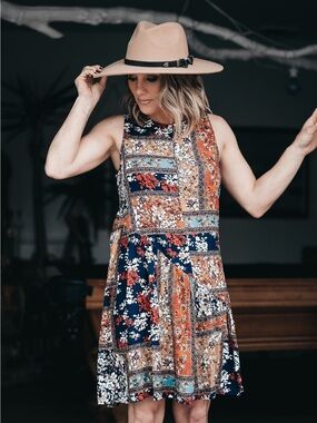 Hayden Patchwork Floral Mini Dress in Navy and Rust